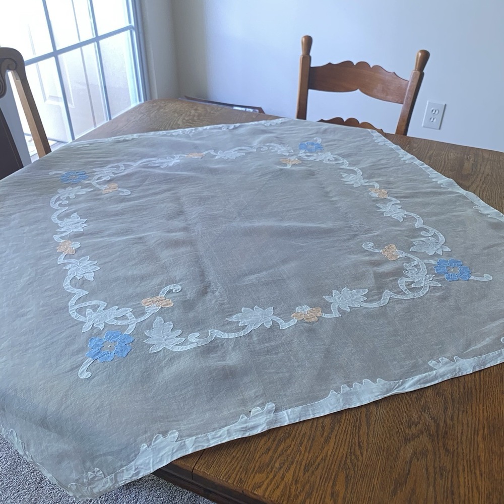 Vintage Handmade Tablecloth 40x42" Floral Hand Appliques Rare Made Portugal